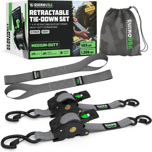 Vista 19 de Rhino USA Correas de trinquete retráctiles (paquete de 2) – 1 pulgada x 10 pies (1,209 libras de resistencia a la rotura) – Correas de amarre auto