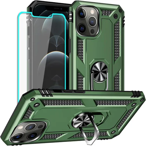 Vista 8 de Yiakeng Funda para iPhone 12 Mini: Funda para iPhone 12 Mini con protector de pantalla HD, fundas protectoras de grado militar con anillo para Verde