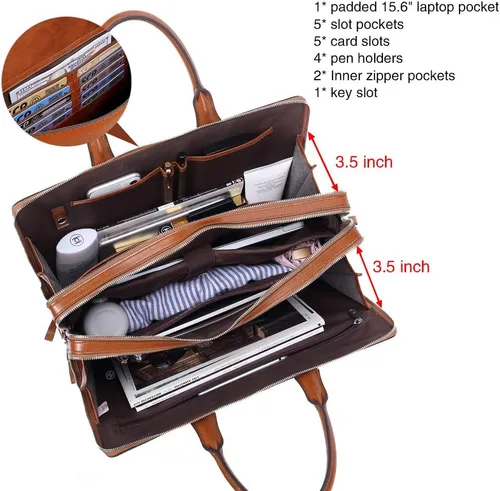 Vista 5 de CLUCI Maletines de cuero de cera de aceite para mujer, delgado, grande, para negocios, 15.6 pulgadas, bolsa de hombro vintage para hombre