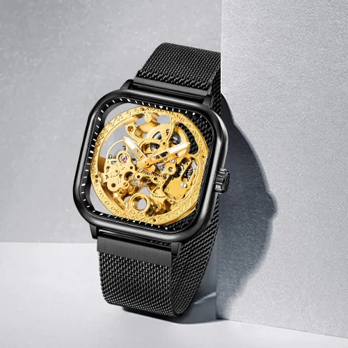 Vista 5 de Fashion Automatic Watches Mechanical Wrist Watch Golden for Mens Skeleton Watches with Stainless Steel Transparent Dial