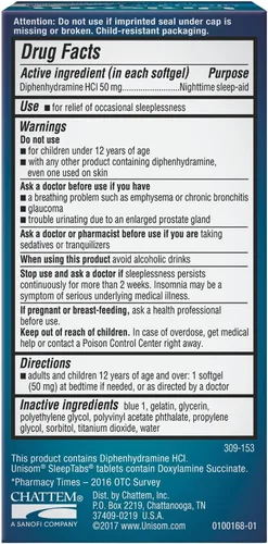 Vista 4 de Unisom SleepGels - Cápsulas de ayuda para dormir nocturnas para adultos, difenhidramina HCI 50 mg, medicina para dormir que no forma hábito
