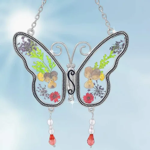 Vista 6 de Atrapasoles de mariposa con alas de flores prensadas – Regalo para familiares y amigos – Altura colgante 8 pulgadas – Viene con cadena adjunta