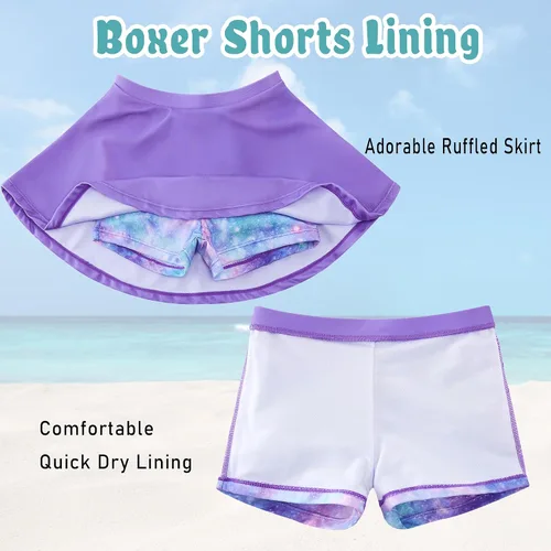 Vista 4 de swimsobo - Traje de baño para niñas con protección contra erupciones, manga larga, traje de baño de dos piezas, falda de natación con pantalones