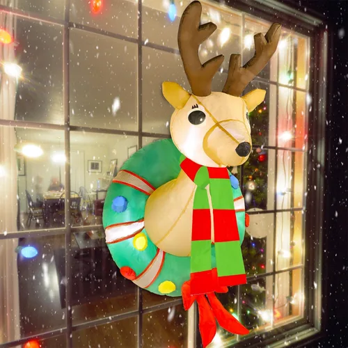 Vista 3 de Juegoal - Corona inflable de Navidad de 1.2 m con Rudolph, reno iluminado con luces LED integradas, decoración de Navidad para interiores