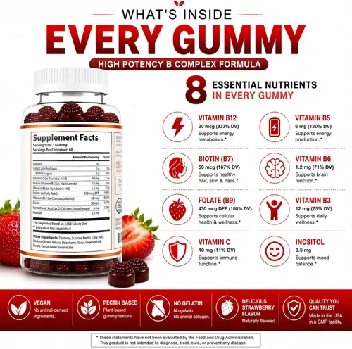 Vista 2 de O NUTRITIONS Gomitas veganas de complejo de vitamina B con vitamina B12, B7 como biotina, B6, B3 como niacina, B5, B6, B8, B9 como folato