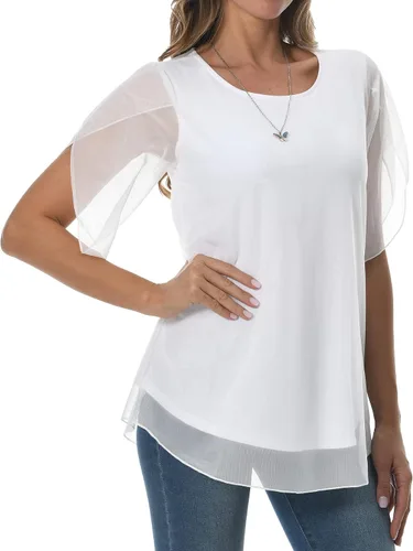 Vista 3 de Blusas de malla de manga 34 con volantes para mujer, blusas holgadas y elásticas