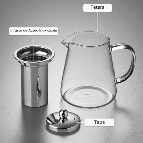Vista 7 de Tetera de vidrio de 32.1 fl oz, hervidor de té de vidrio de borosilicato con infusor de acero inoxidable desmontable, tetera transparente para té