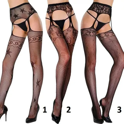 Vista 3 de Medias de red para mujer, medias altas hasta el muslo, pantimedias con liguero para mujeres y niñas, color negro, Negro