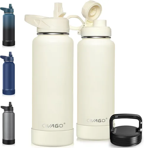 Vista 29 de CIVAGO Botella de agua aislada de 22 onzas con pajita, frasco de agua deportiva de acero inoxidable con 3 tapas