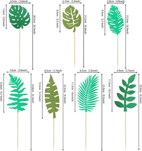 Vista 3 de 7 piezas de hojas tropicales con purpurina para tartas, plantas verdes de la selva, paletas, hojas de palmera, decoración de pasteles para verano