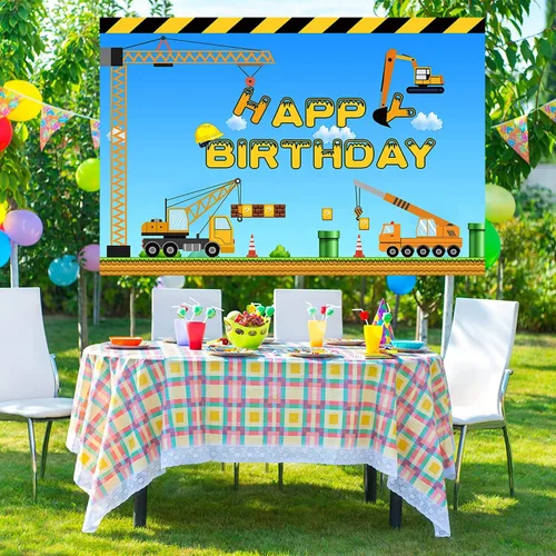 Vista 5 de Tema de construcción feliz cumpleaños telón de fondo camión volquete grúa fiesta de cumpleaños banner excavadora camión fotografía fondo niños