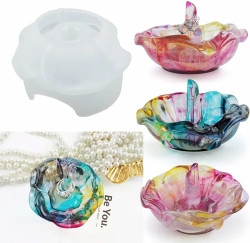 Vista 6 de Molde de soporte de anillo de resina, 2 moldes de silicona con forma de rosa para resina, moldes de silicona para almacenamiento de joyas