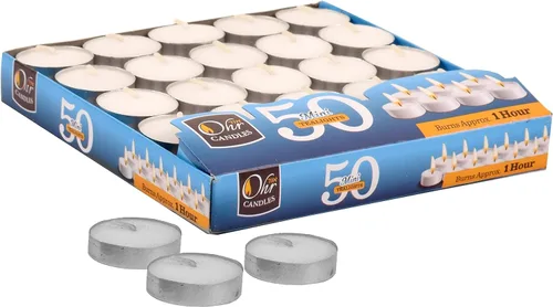 Vista 3 de OHR CANDLES Mini velas de té – Paquete de 50 velas de té a granel – Velas blancas sin perfume – 1 hora de tiempo de combustión