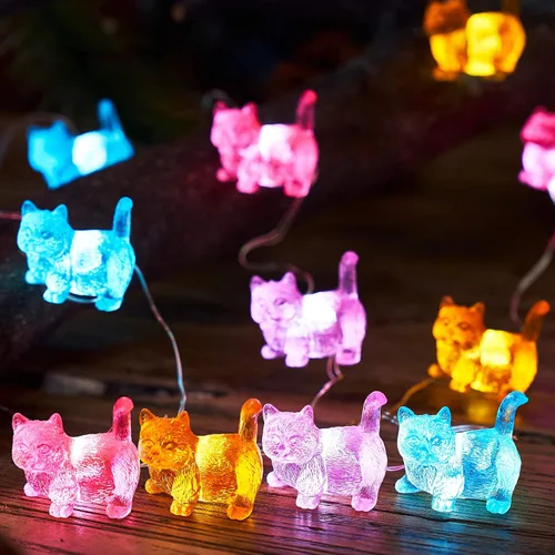 Vista 7 de Cadena de luces de gatos Kawaii Deco Kitty Fairy Luces decorativas de 10 pies 30LED, alimentadas por batería, iluminación novedosa para exteriores