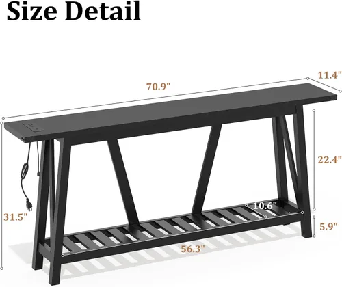 Vista 3 de Mesa de sofá extra larga de 70 pulgadas detrás del sofá, mesa de entrada industrial de 2 niveles, mesa consola de entrada estrecha con Negro