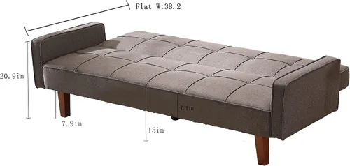 Vista 8 de Sofá cama moderno y simple, respaldo ajustable, sofá funcional con diseño de cuadrícula clásica, sofá de tres asientos, marco de madera, adecuado