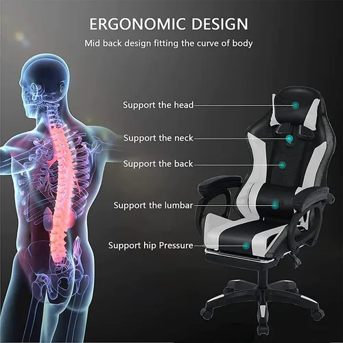 Vista 5 de Silla ergonómica para juegos profesional con soporte lumbar de masaje completo, altavoces Bluetooth, respaldo ajustable, color blanco