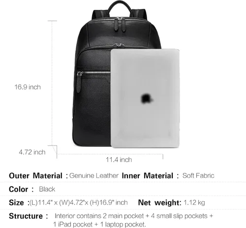 Vista 4 de BOSTANTEN Mochila de cuero para hombre 15.6 pulgadas Mochila para portátil de viaje Bolsa universitaria Negro
