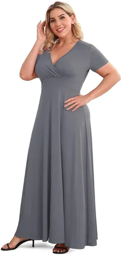 Vista 4 de POSESHE - Maxi-vestido de noche para fiesta para mujer con cuello en V y manga corta