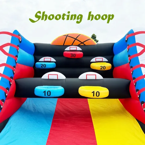 Vista 6 de Juego de baloncesto inflable con 5 aros, 4 bolas, ventilador comercial fácil de instalar, ideal para juegos interactivos de baloncesto