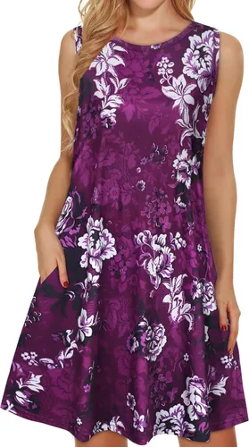 Vista 40 de elescat Vestidos de verano para mujer 2025, vestido casual de playa sin mangas con estampado floral, tipo camiseta, suelto y con bolsillos
