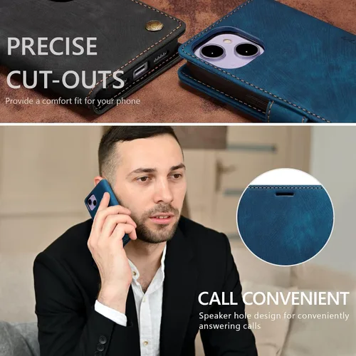 Vista 6 de QLTYPRI Funda para iPhone 13, funda de piel sintética con cierre magnético, soporte para tarjetas, función atril, a prueba de golpes, funda Azul
