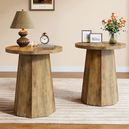 Vista 12 de Tribesigns Mesa Auxiliar Redonda de Estilo Rústico, Mesa Lateral de Madera para Sofá con Base Octagonal, Mesita de Noche Negra con Pedestal, Mueble