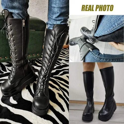 Vista 8 de CELNEPHO - Botas para mujer, estilo de combate, punk, de plataforma alta, hasta mitad de la pantorrilla, de cuña, con tacones altos y gruesos