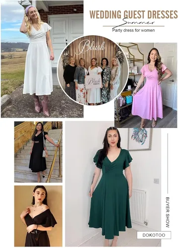 Vista 3 de Dokotoo Vestido de fiesta elegante con cuello en V para mujer, vestido de manga corta, vestido de patinadora, vestidos de invitados de boda