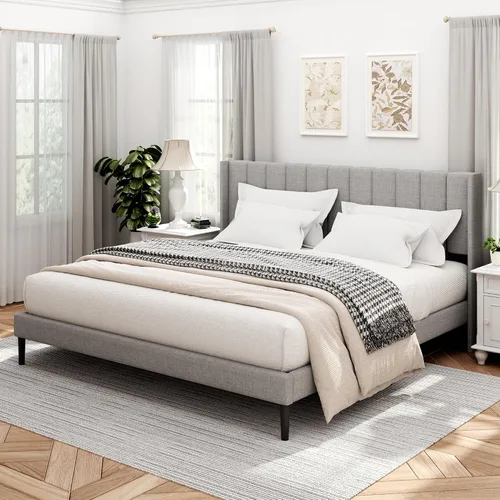 Vista 10 de Sismplly Armazón de cama tamaño completo con cabecero, respaldo acolchado con canales verticales tipo ala, no necesita somier, base de colchón