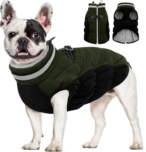 Vista 45 de AOFITEE Abrigo para perro, chaquetas cálidas para perros pequeños, abrigo de invierno para perros con arnés integrado, chaqueta de invierno