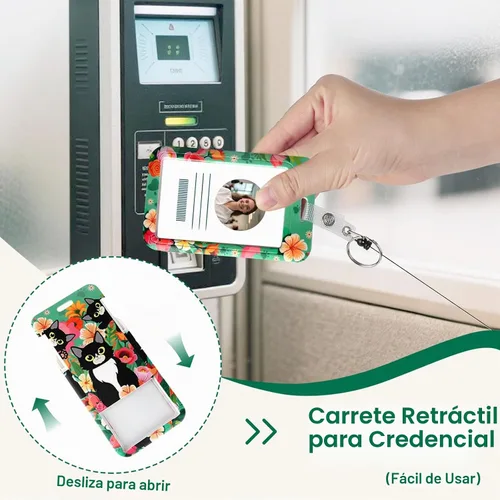 Vista 4 de Cordón con soporte para tarjetas, carrete retráctil con clip para cinturón para tarjetas de identificación, llaves, lindo cordón de cuello de gato