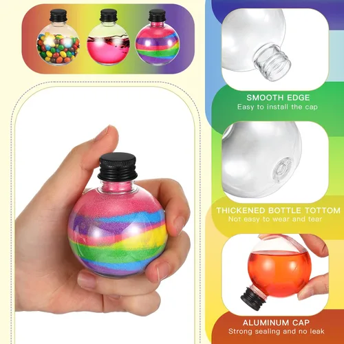 Vista 3 de Layhit 24 botellas esféricas de plástico con forma de bola, botellas redondas de 3.4 onzas, tarro de arena con 5 embudos decorativos, tarro de Negro