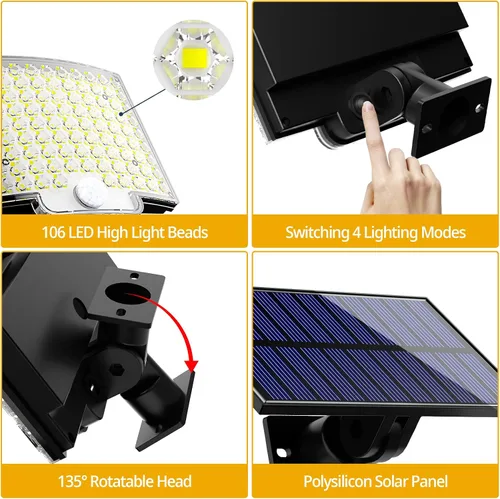Vista 5 de Luces solares para exteriores, 106 LED 3000LM con sensor de movimiento, luces de inundación solares alimentadas por energía solar con control