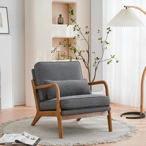 Vista 10 de Silla decorativa para sala de estar, sillón tapizado moderno de mediados de siglo con almohada, sillón de lectura, cómoda silla decorativa para Gris