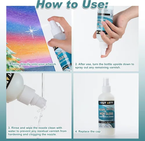 Vista 7 de HOMY ARTY Spray de barniz acrílico, 2 x 6.76 fl oz Barniz de alto brillo