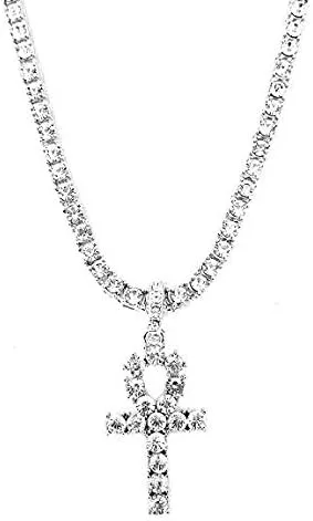 Vista 2 de Collar Shiny Jewelers Usa, dije de pequeña cruz doble ankh, con diseño de hip-hop, plata y diamantes sintéticos, cadena cubana, de caja