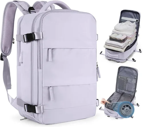 Vista 46 de Mochila de viaje grande, bolsa de mano, aprobada para aviones, para artículos personales, para hombre o mujer, color beige con marrón