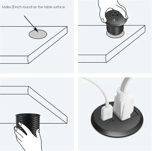 Vista 11 de Ojal de alimentación de escritorio, 2 pulgadas, estación de carga rápida USB C PD de 20 W, salida de alimentación empotrada con orificio