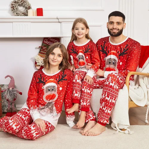 Vista 4 de Pijamas de Navidad a juego para la familia, lindos conjuntos de pijamas de manga larga para parejas, suaves y divertidos conjuntos de pijamas