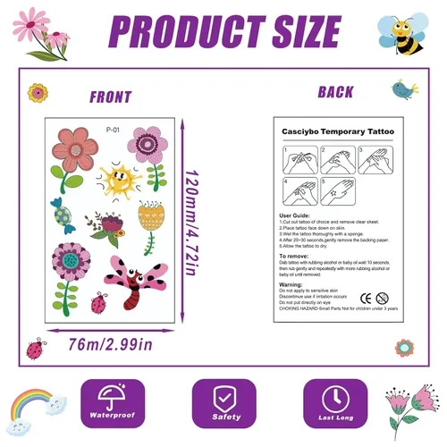 Vista 6 de Tatuajes temporales de flores para niños y niñas, 10 hojas falsas, impermeables, lindas calcomanías de tatuaje pequeñas para niños, regalos