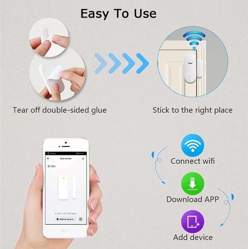 Vista 6 de Tuya Sensor de puerta WiFi: alarma de seguridad inalámbrica, compatible con Alexa, Google Home, Siri, sensor de puerta inteligente para seguridad