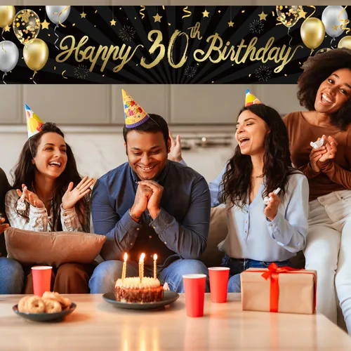 Vista 5 de Cartel de feliz cumpleaños 30 para hombres y mujeres, letrero de 30 años de edad de oro y negro con purpurina, suministros de decoración de fiesta