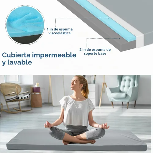 Vista 4 de Almohadilla de espuma viscoelástica para catre de camping, almohadilla para dormir de 3 pulgadas con funda impermeable Almohadilla enrollable
