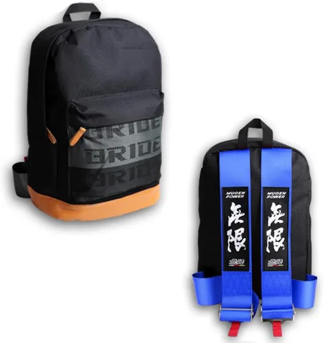 Vista 22 de W-POWER JDM Bride Racing Mochila de viaje para laptop con parte inferior marrón con correas de arnés ajustables (ASIMO-BK)
