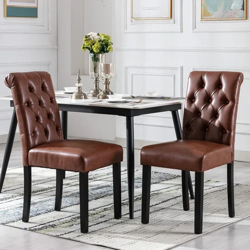 Vista 15 de Juego de 2 sillas de comedor tapizadas de piel sintética, sillas Parsons con respaldo alto, sillas laterales sin brazos para cocina y comedor