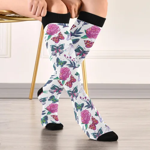 Vista 5 de KOPIRIT Calcetines de compresión bordados de flores de peonía para mujeres y hombres, calcetines largos ligeros de compresión suaves para correr