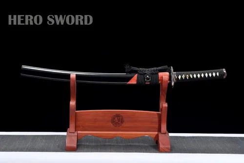 Vista 2 de Wakizashi - Espada samurái de acero templado plegado, auténtica, japonesa pura, manual, avanzada, piel de rayos, color rojo y negro, 31 pulgadas