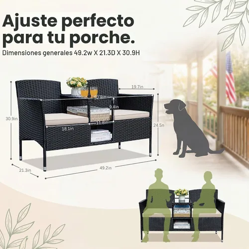 Vista 5 de Devoko Juego de sofá biplaza para patio al aire libre, moderno, de ratán de 2 asientos, con cojines y mesa auxiliar integrada, muebles de porche