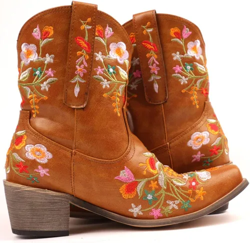 Vista 3 de SO SIMPOK Botas vaqueras para mujer, botas occidentales con bordado de flores, tacón grueso retro, botines cortos para montar